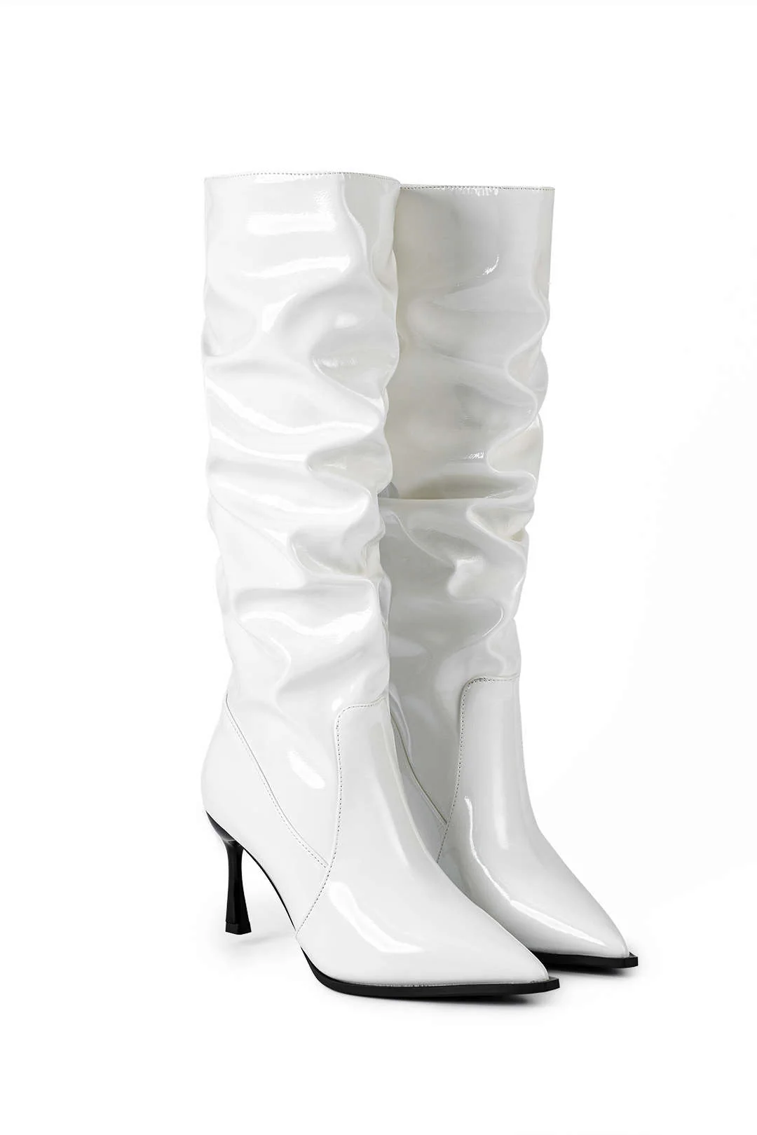 Faux Leather Ruched Pointed Toe Knee High Boots - Image 10