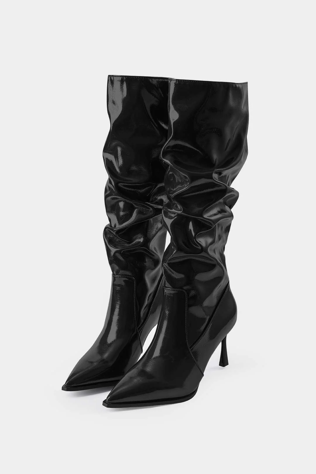 Faux Leather Ruched Pointed Toe Knee High Boots - Image 6