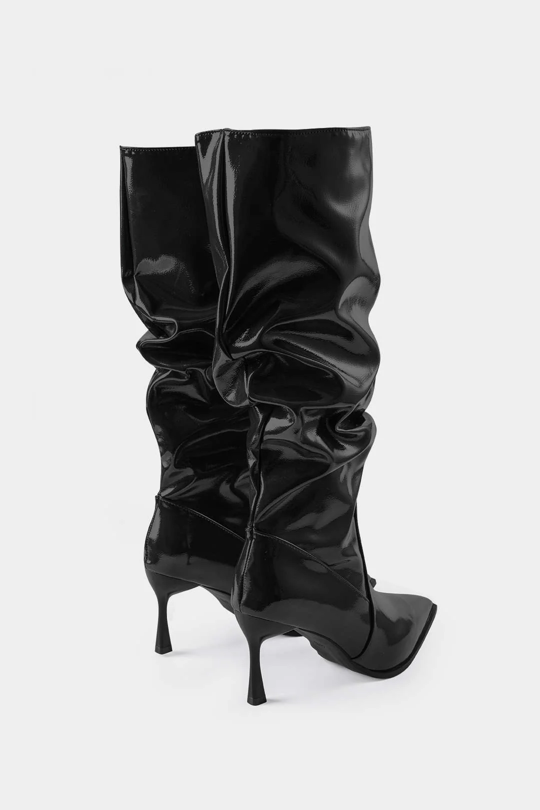 Faux Leather Ruched Pointed Toe Knee High Boots - Image 7