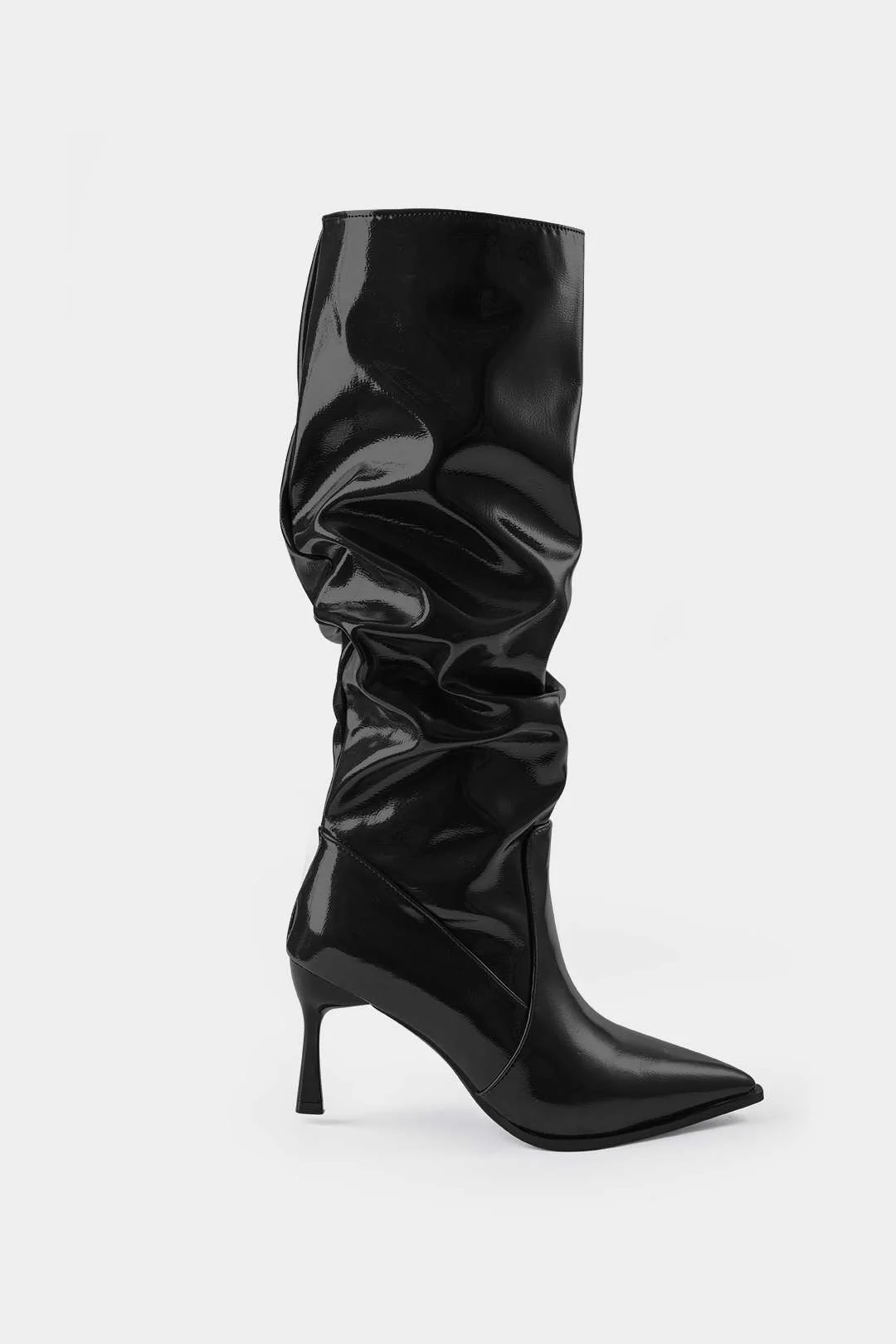 Faux Leather Ruched Pointed Toe Knee High Boots - Image 8