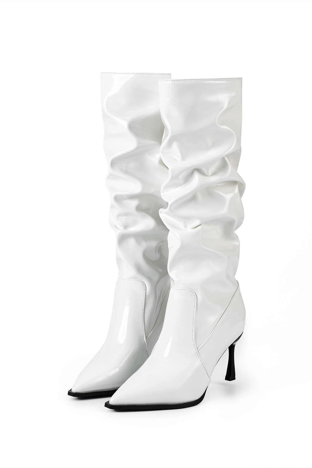 Faux Leather Ruched Pointed Toe Knee High Boots - Image 9