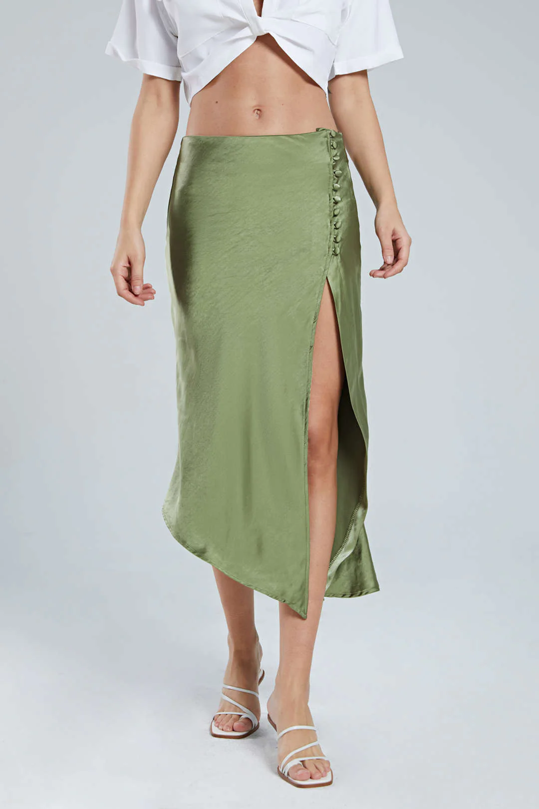 Asymmetric Hem Split Button Decor Skirt - Image 7