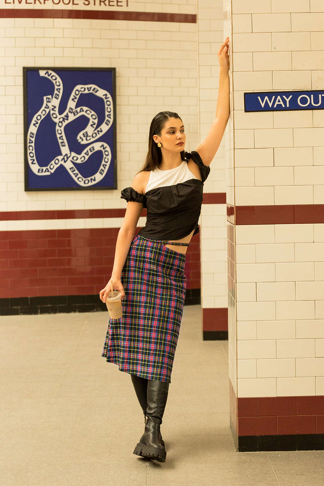 Plaid Cut Out Waist Midi Skirt - Image 4