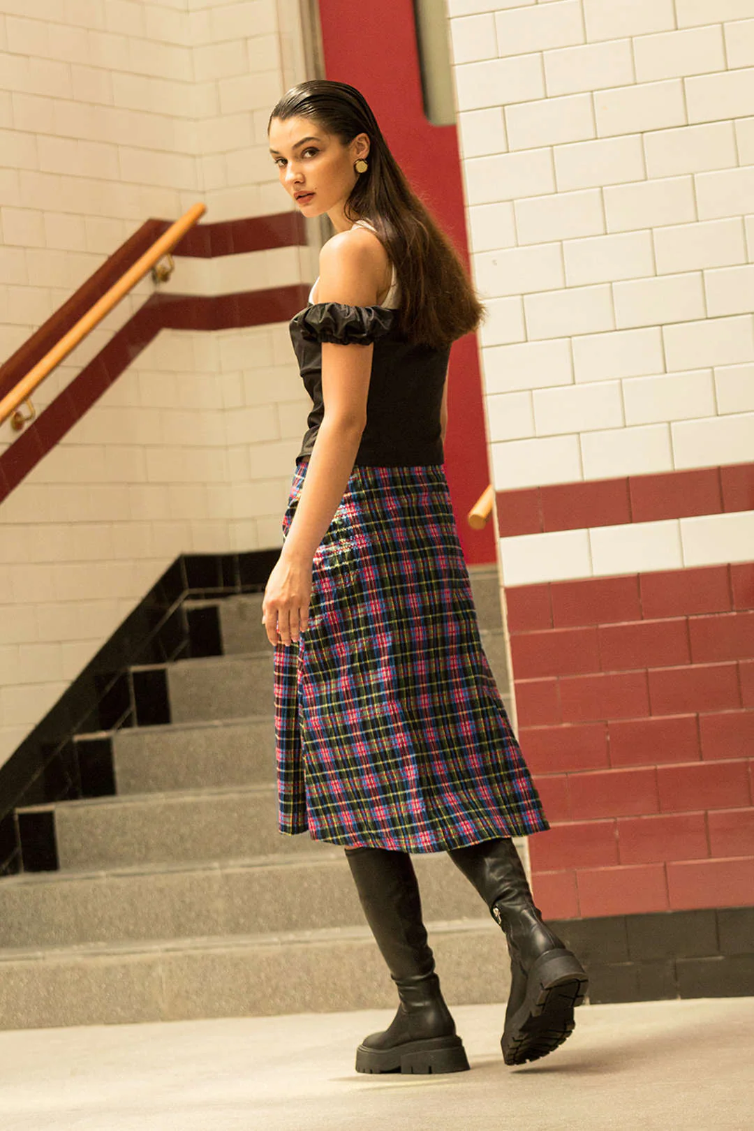 Plaid Cut Out Waist Midi Skirt - Image 6