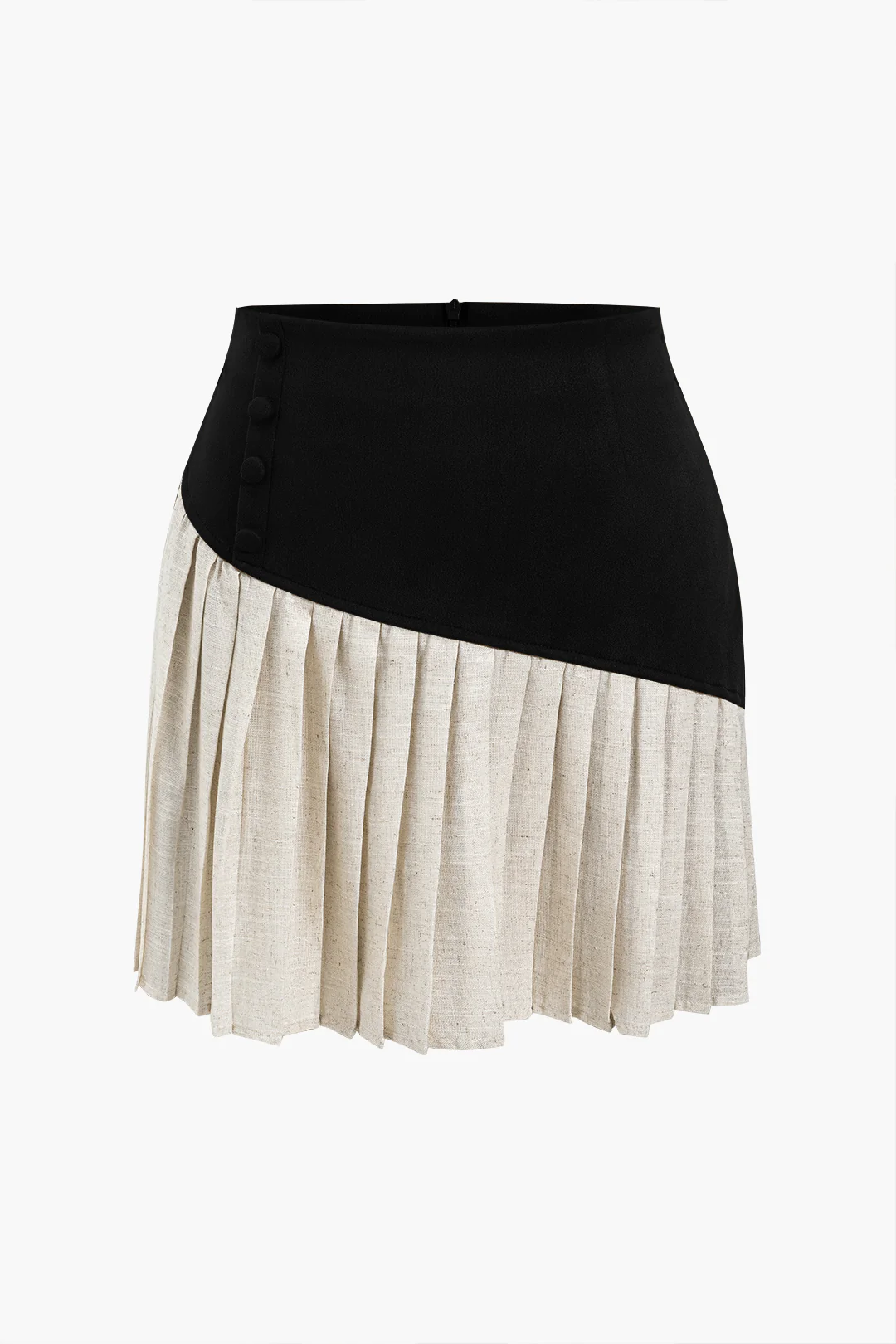 Linen Button Patchwork Pleated Skirt - Image 5