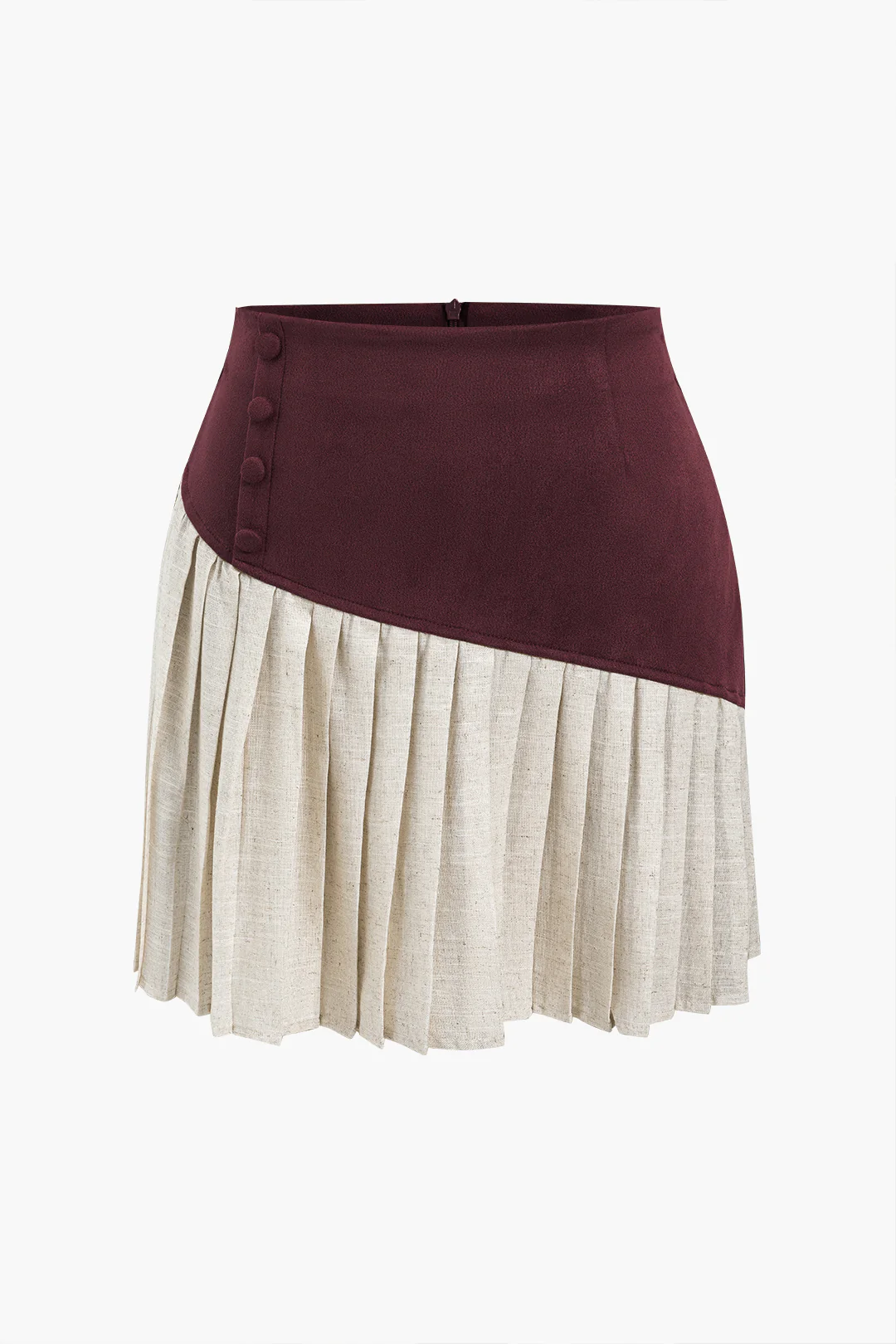 Linen Button Patchwork Pleated Skirt - Image 7