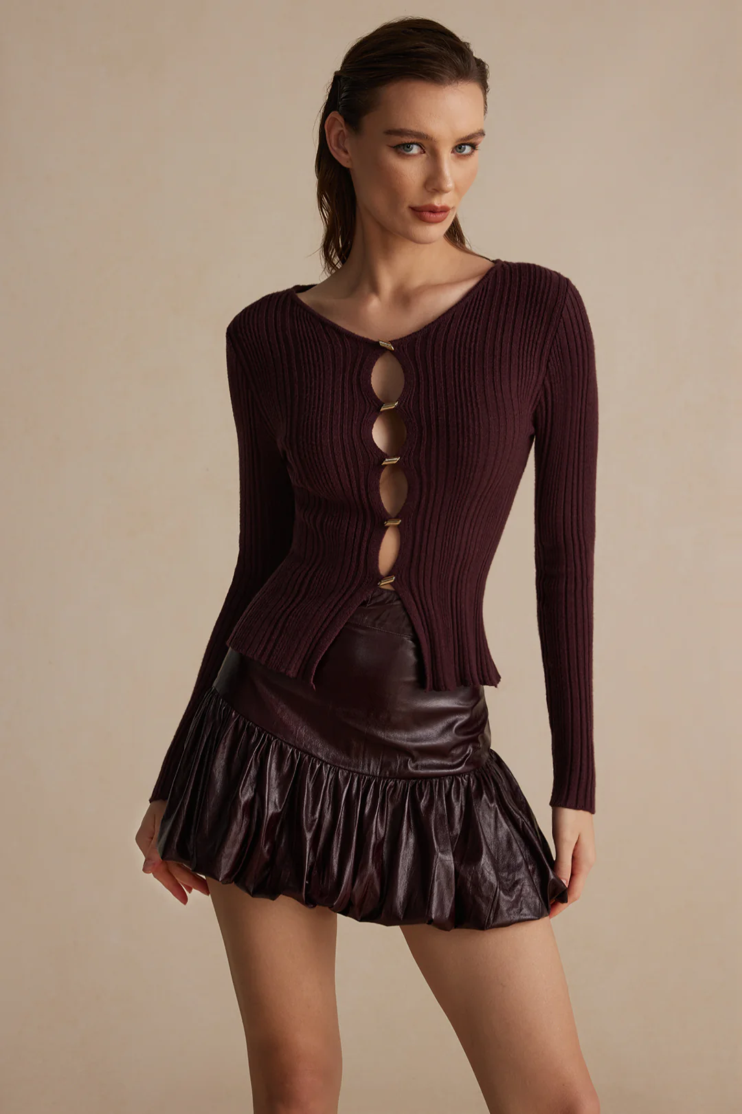 Solid Faux Leather Ruched Skirt - Image 4
