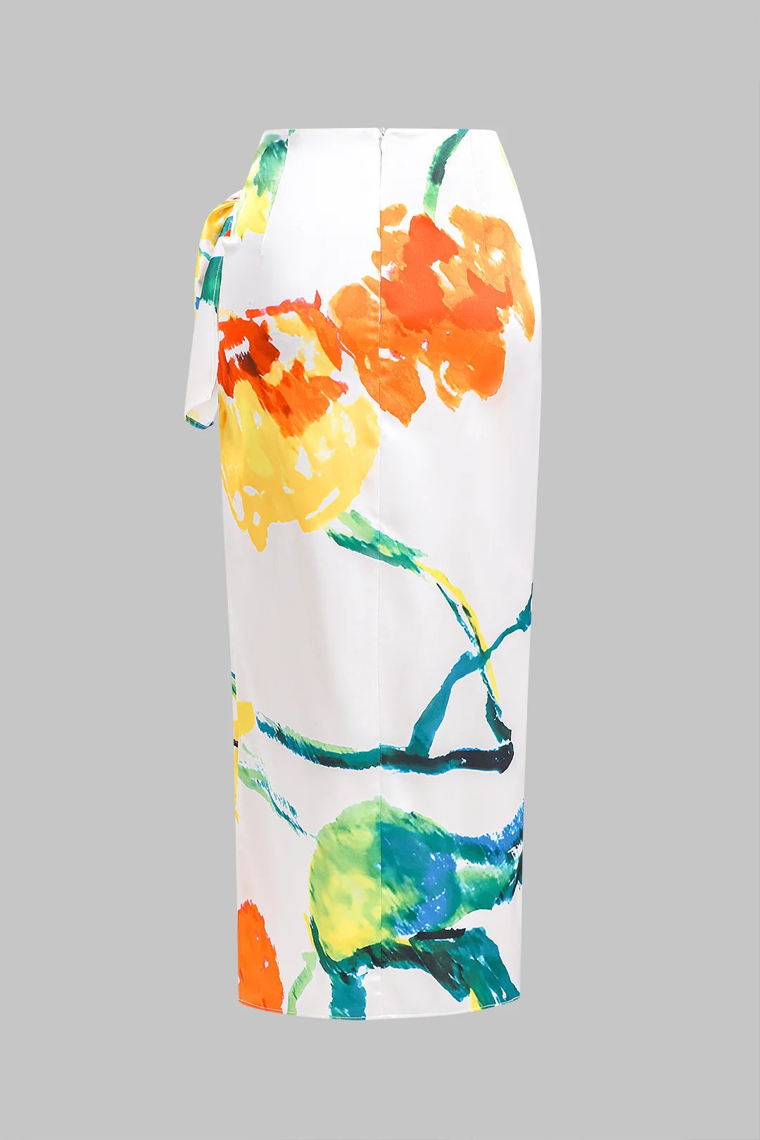 Floral Print Satin Ruched Tie Front Zipper Skirt - Image 3