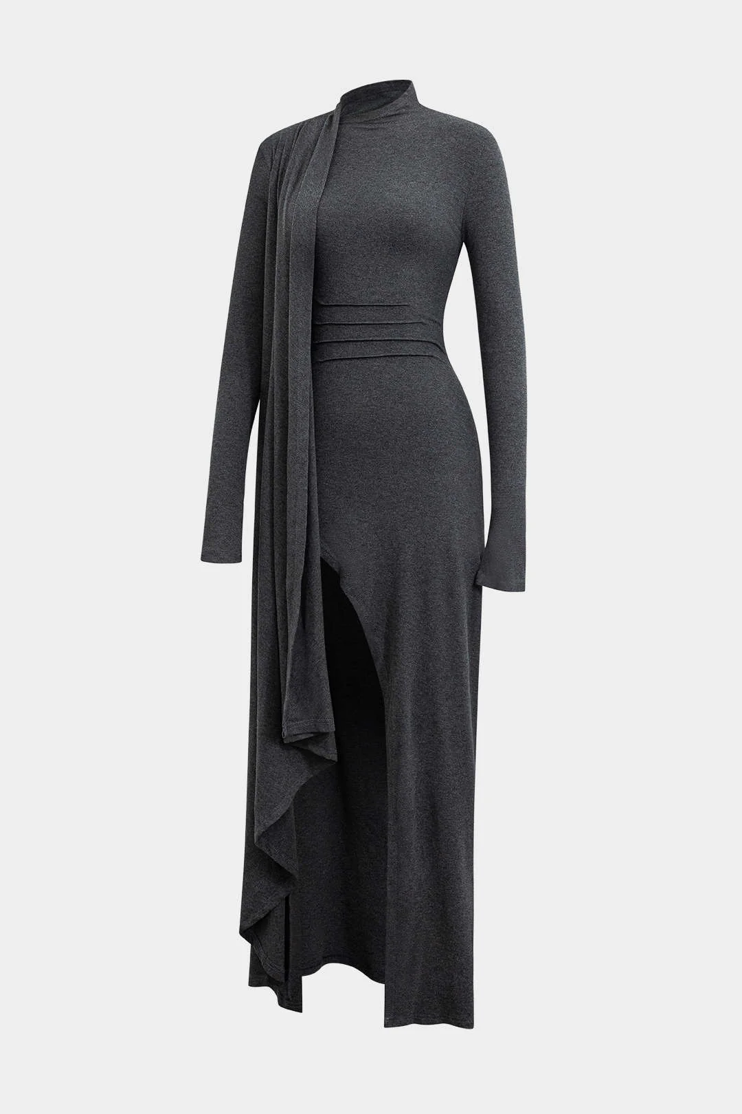 Mock Neck Wrap Ruched Long Sleeve Slit Maxi Dress - Image 7