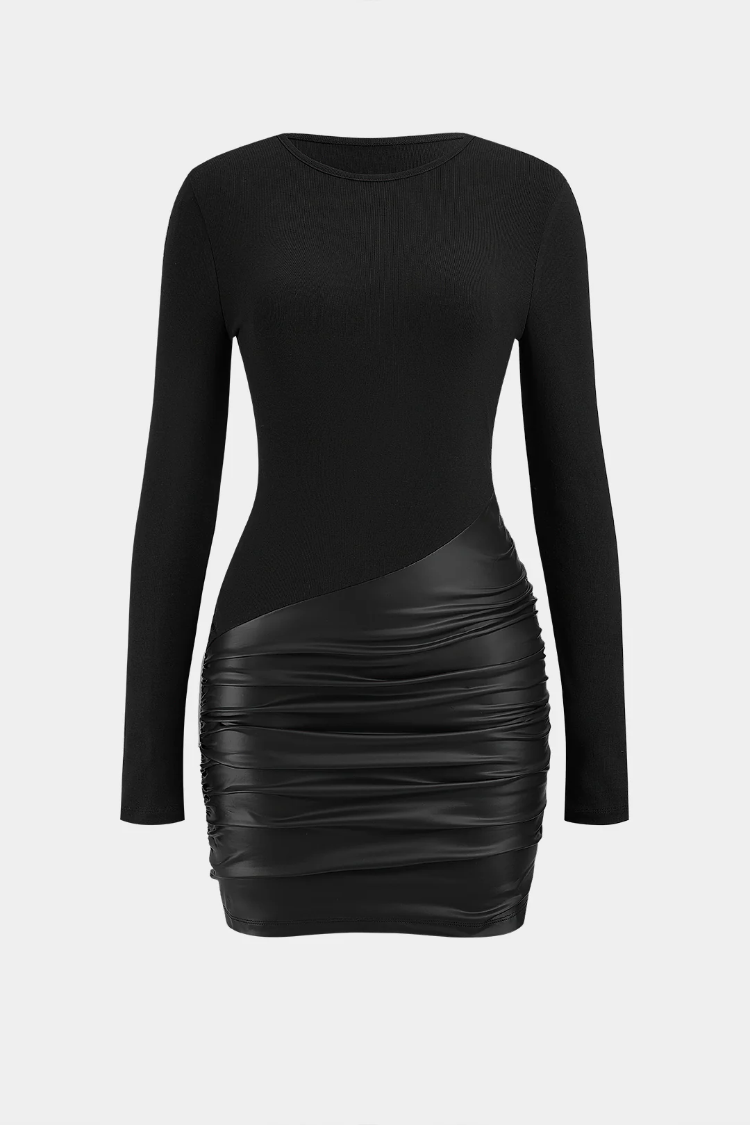 Faux Leather Patchwork Round Neck Ruched Long Sleeve Mini Dress - Image 5