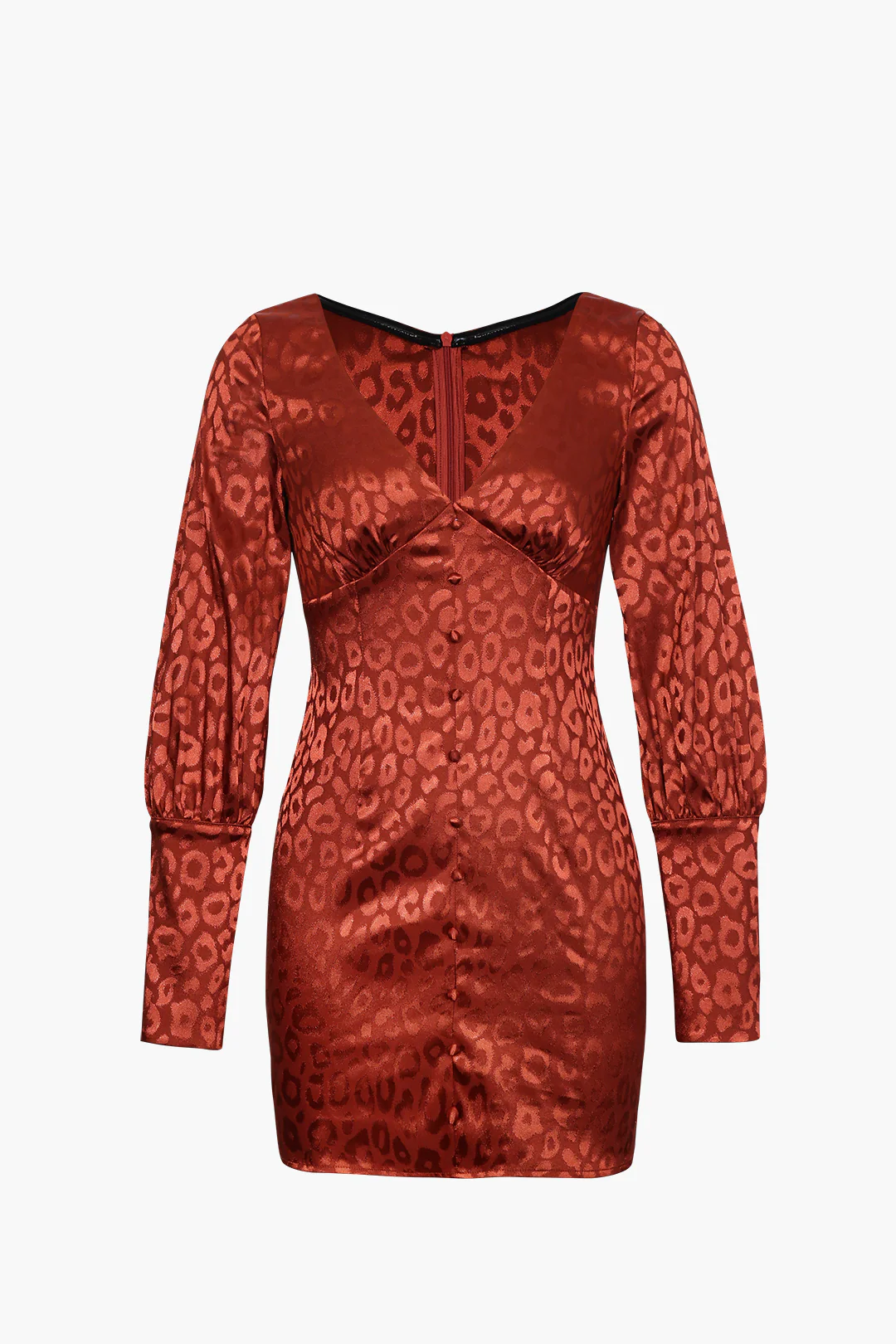 Jacquard Satin V Neck Buttons Long Sleeve Mini Dress - Image 3