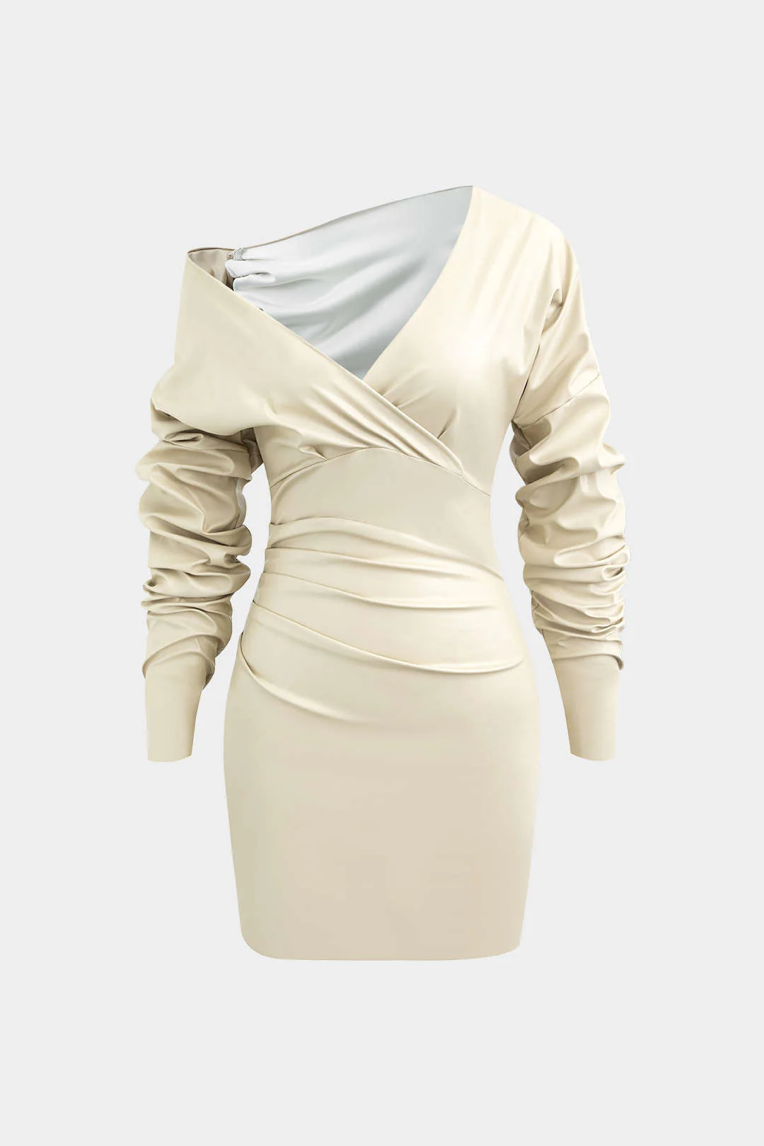 Asymmetric Faux Leather V-neck Gathered Mini Dress - Image 3