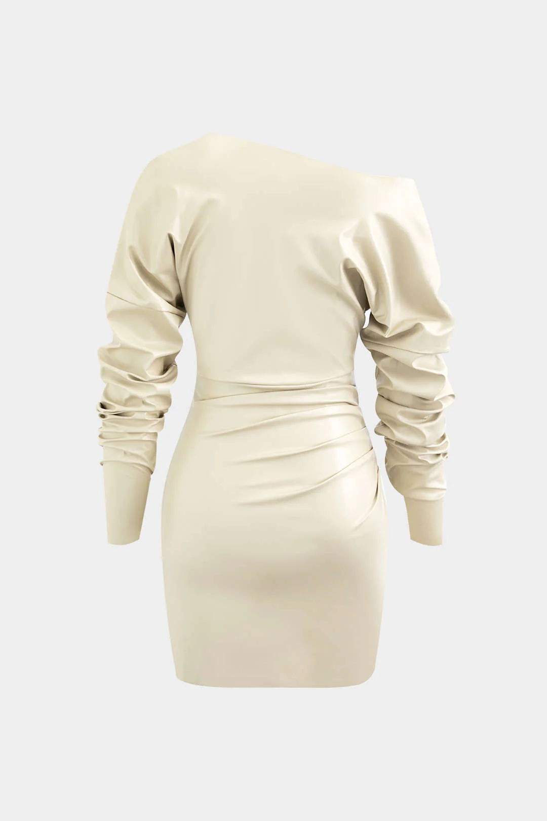 Asymmetric Faux Leather V-neck Gathered Mini Dress - Image 4