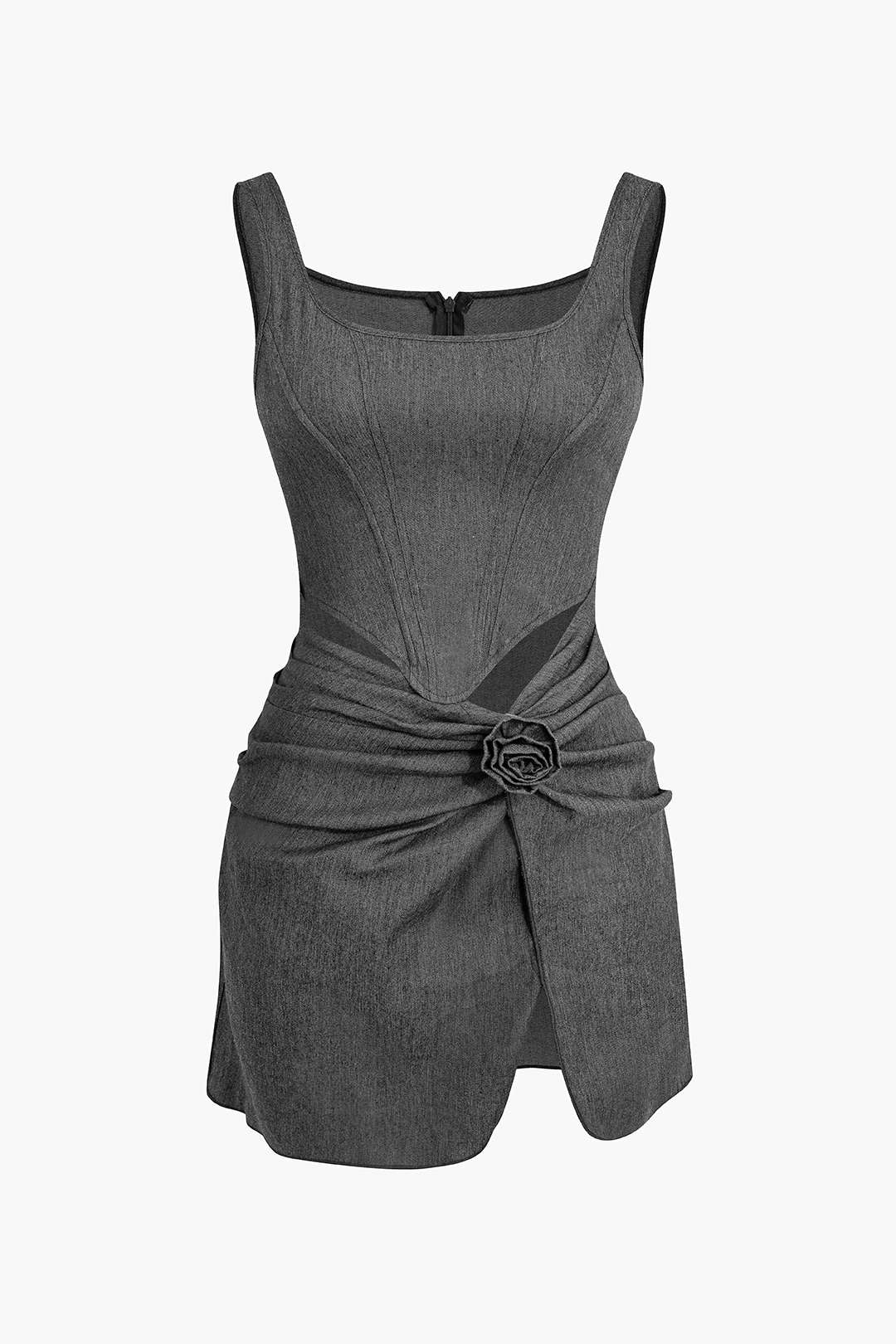 3D Flower Ruched Tank Denim Dress - Image 9