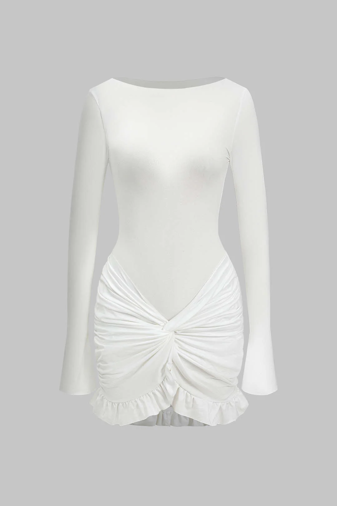 Solid Ruffle Ruched Twist Long Sleeve Mini Dress - Image 4