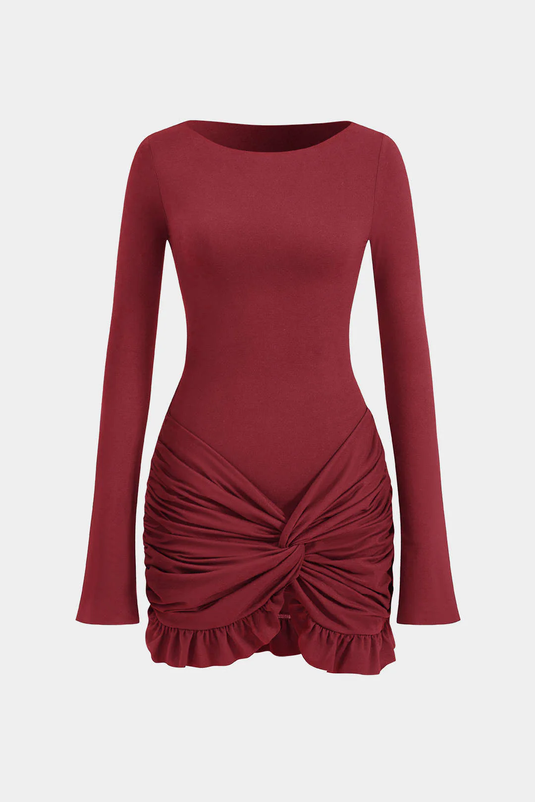 Solid Ruffle Ruched Twist Long Sleeve Mini Dress - Image 6