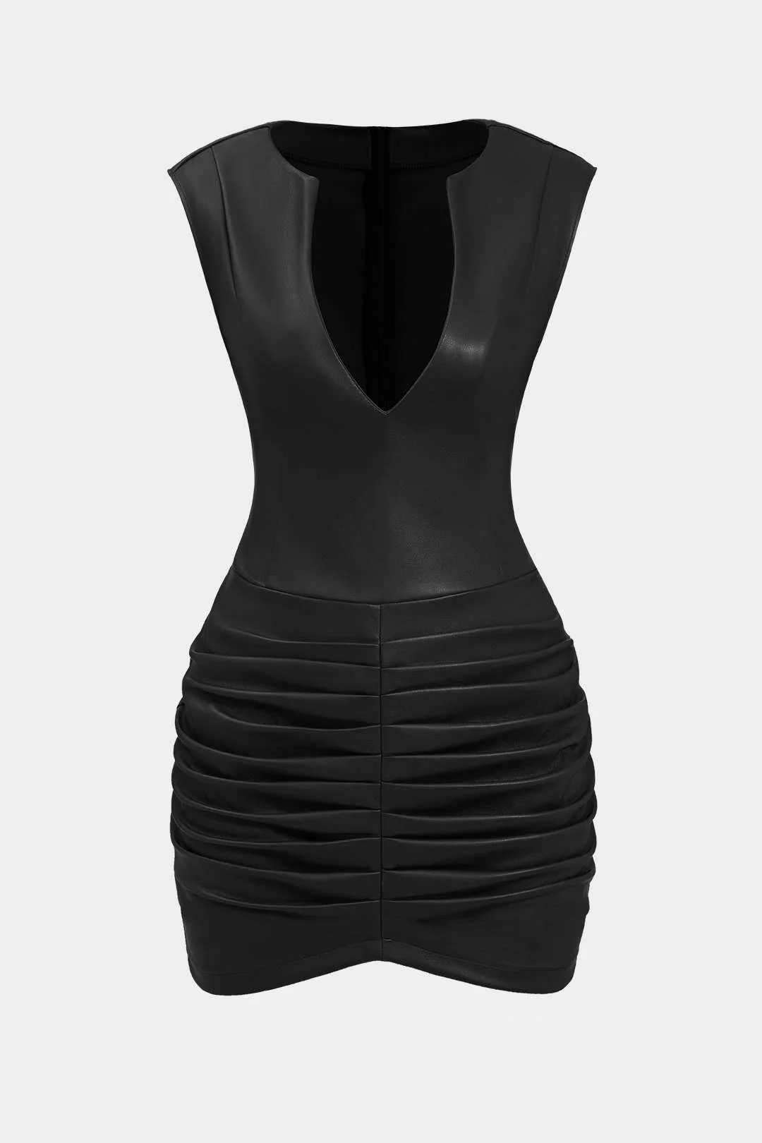 Ruched Faux Leather V-Neck Bodycon Mini Dress - Image 4