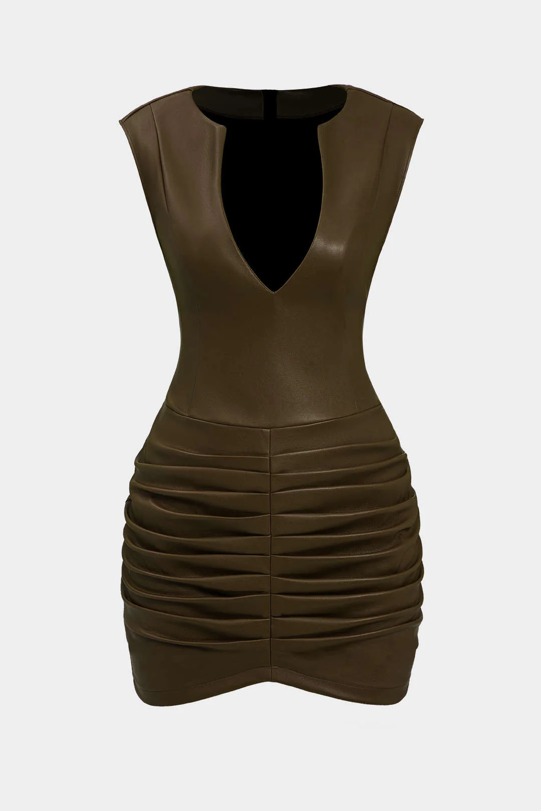Ruched Faux Leather V-Neck Bodycon Mini Dress - Image 5