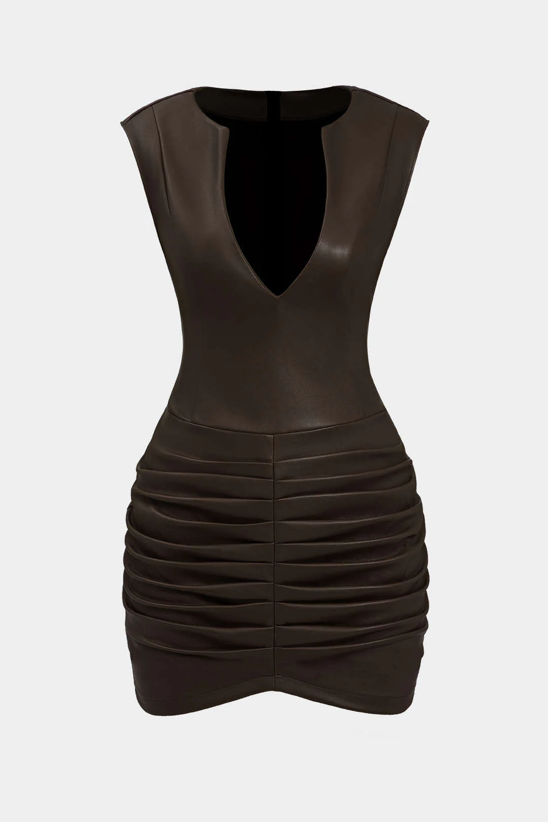Ruched Faux Leather V-Neck Bodycon Mini Dress - Image 8