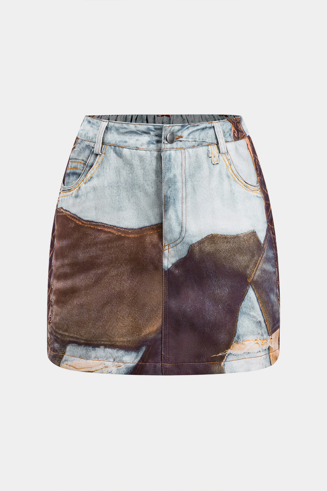 Abstract Print Ruched Button Pocket Skirt - Image 3