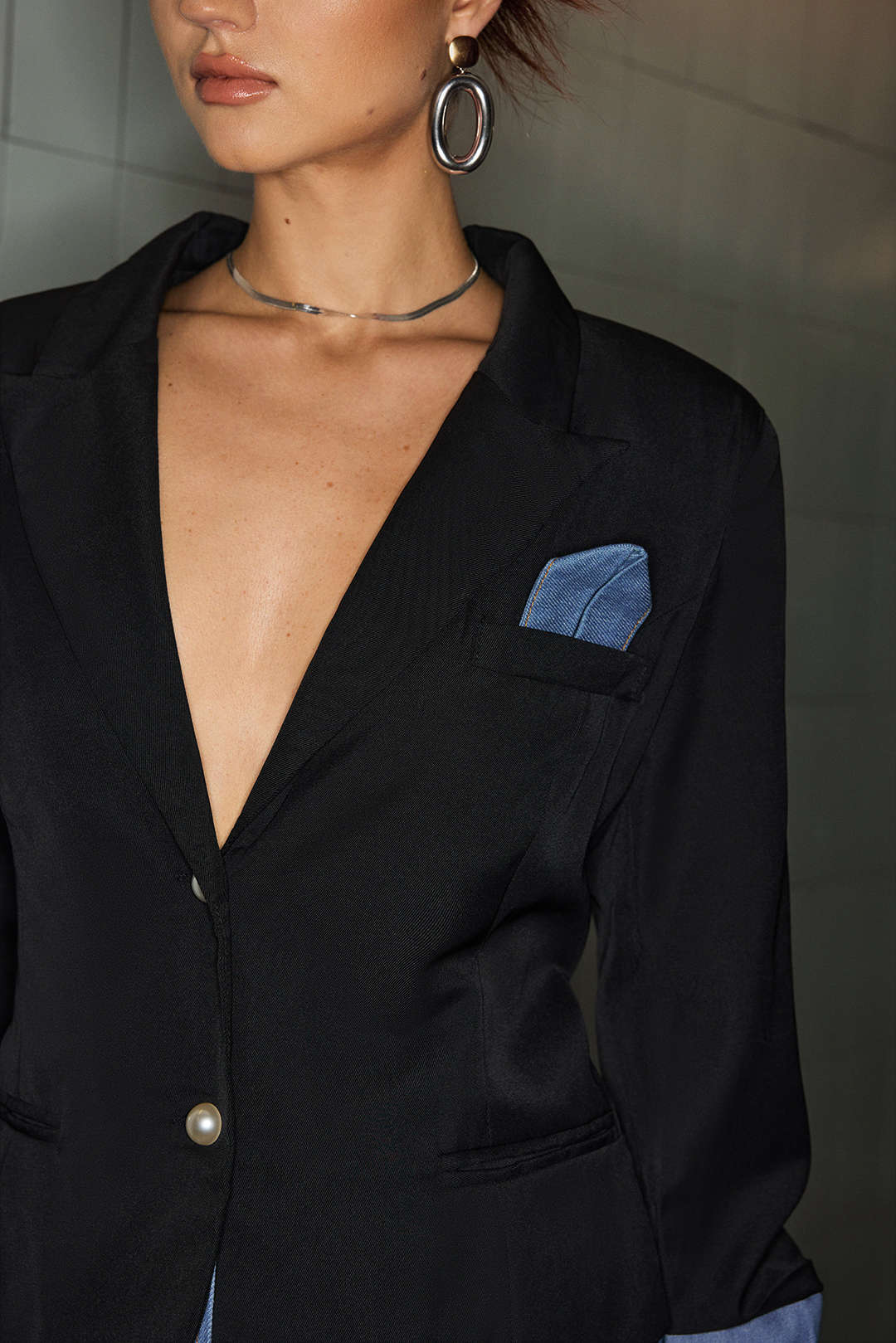 Denim Patchwork Notched Lapel Blazer - Image 5