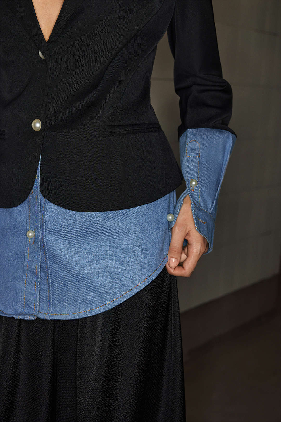 Denim Patchwork Notched Lapel Blazer - Image 6