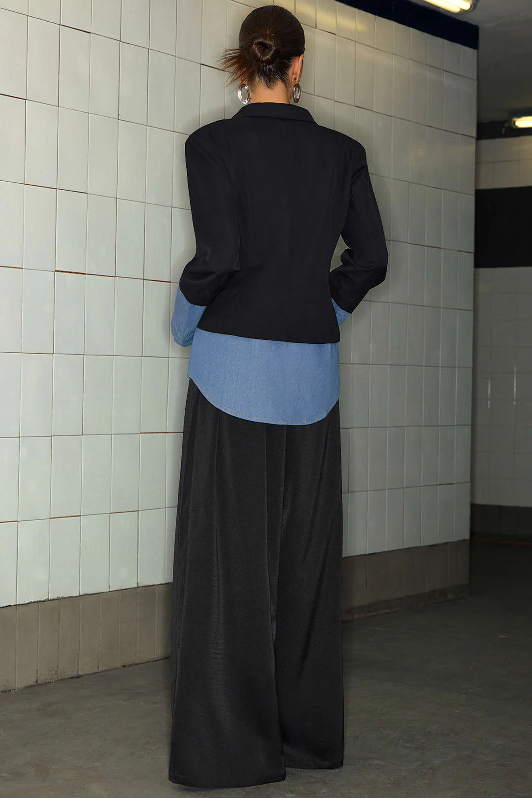 Denim Patchwork Notched Lapel Blazer - Image 8