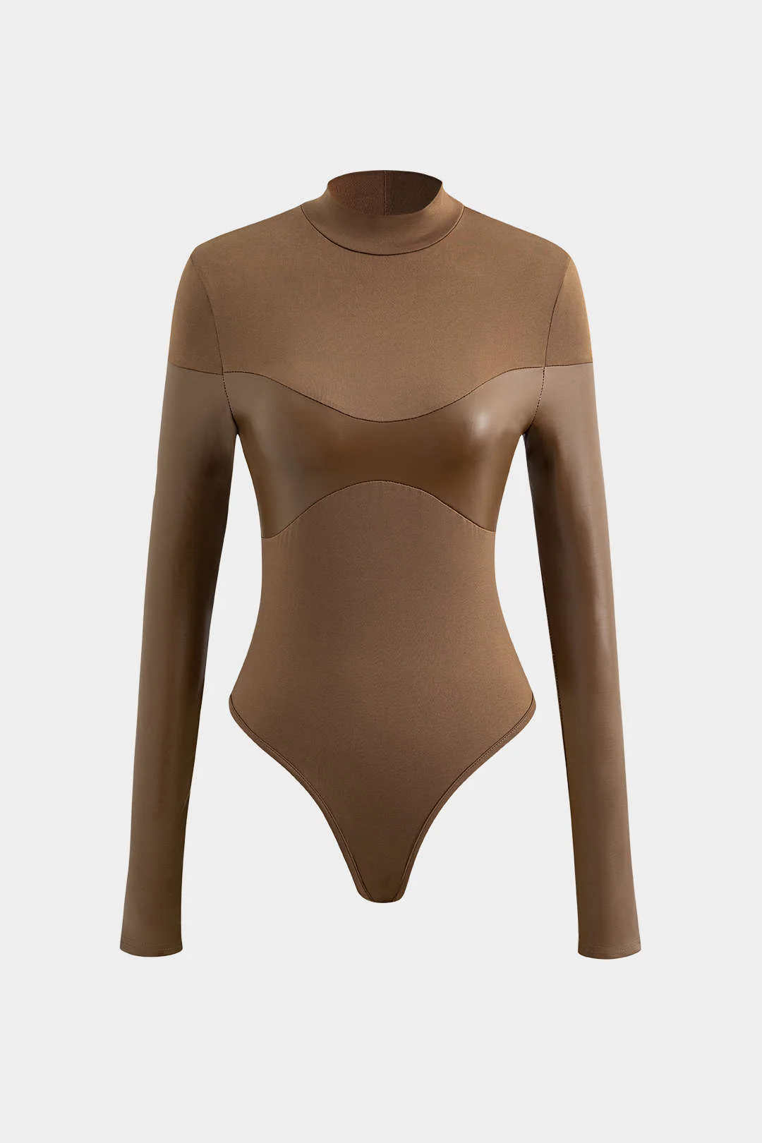 Mock Neck Faux Leather Paneled Long Sleeve Bodysuit - Image 5