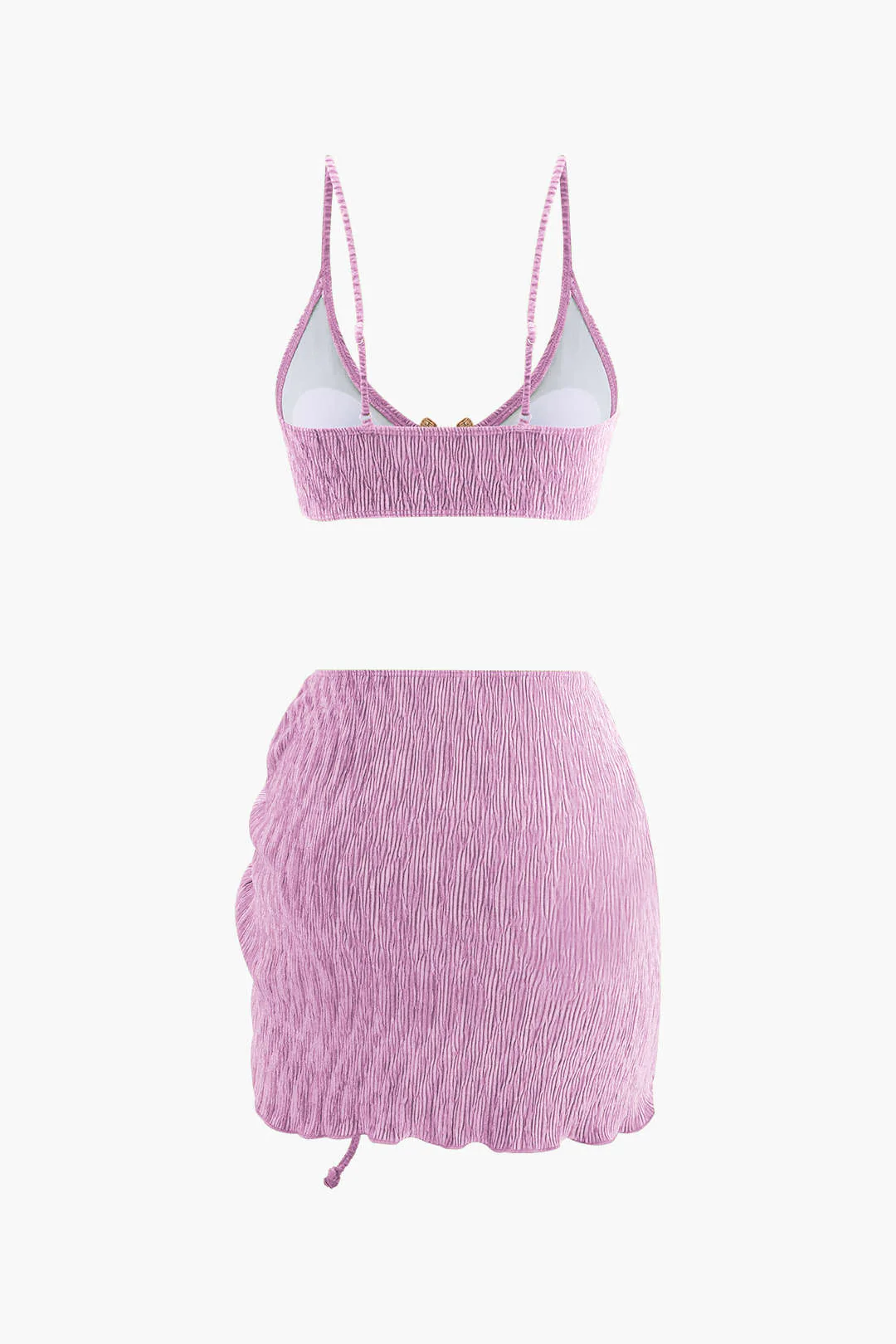 Velvet Textured U-ring Bikini And Sarong 3pc Set - Image 12