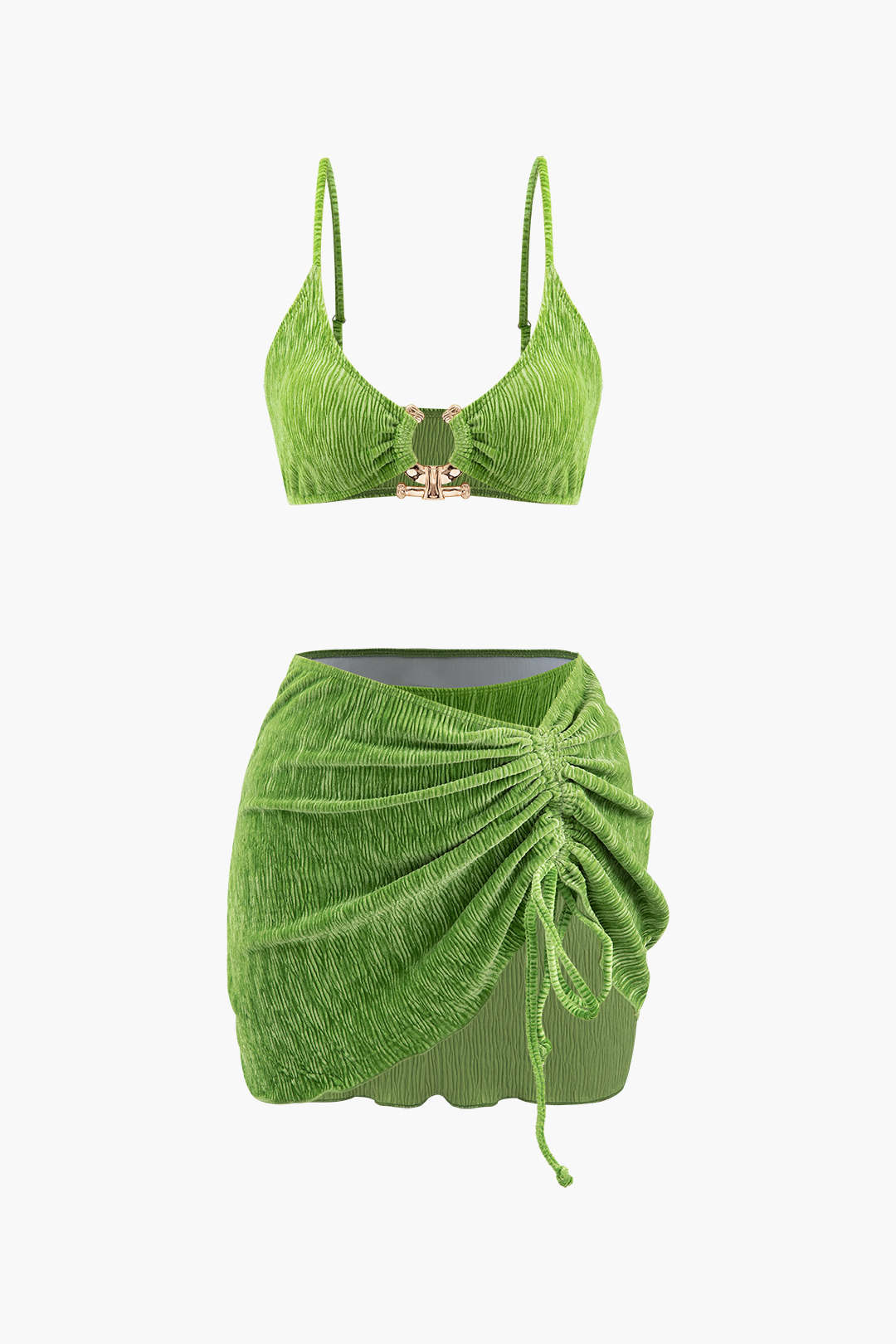Velvet Textured U-ring Bikini And Sarong 3pc Set - Image 3