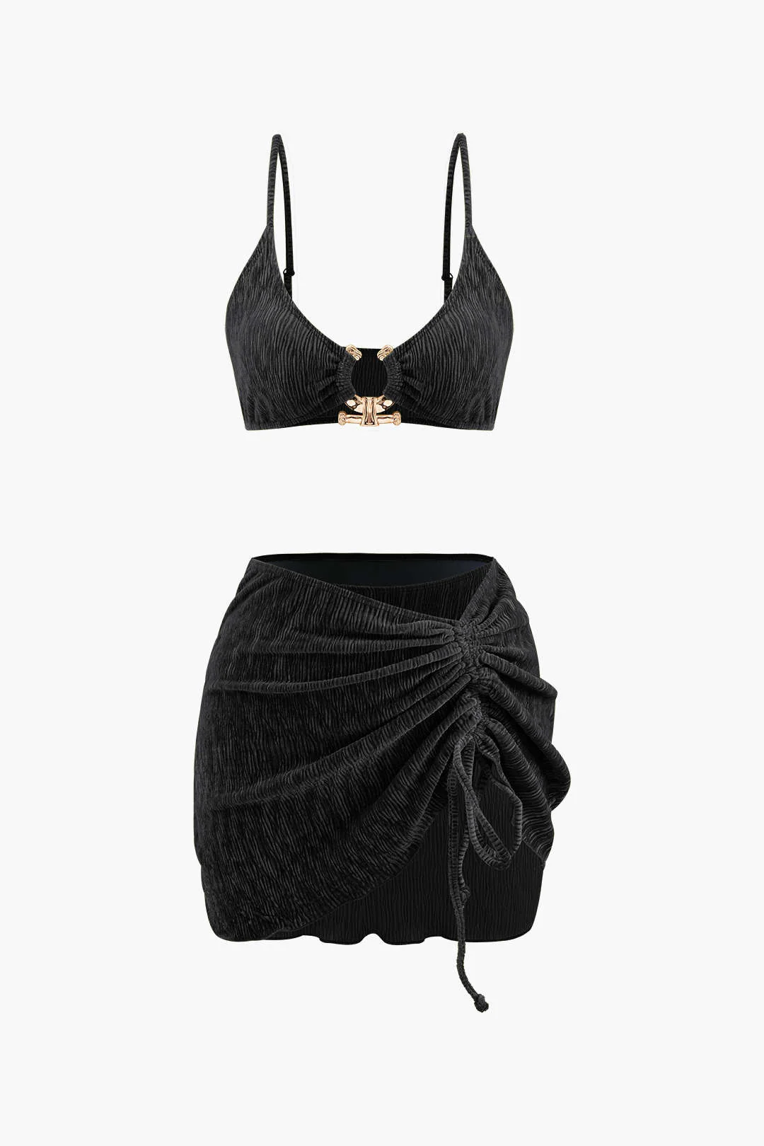 Velvet Textured U-ring Bikini And Sarong 3pc Set - Image 5